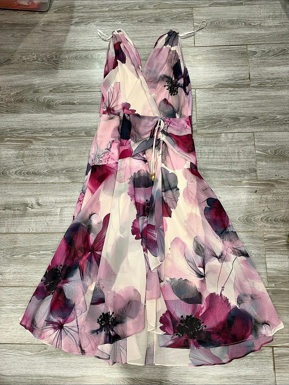 Donna Karan New York Sleeveless Floral Faux Wrap Midi Dress Pink & White Size 14